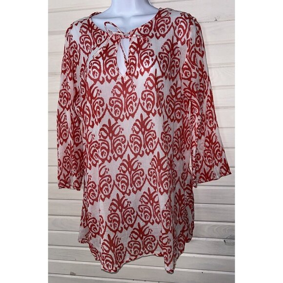 FLORA Rock Flower Paper Sz MEDIUM Red White Ikat Print Top Tunic 100% Cotton EUC - Picture 2 of 13